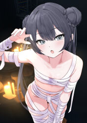 1girl absurdres awnw bandaged_arm bandaged_chest bandaged_leg bandages bare_shoulders black_hair blue_archive blush braid braided_bun breasts claw_pose double_bun grey_eyes hair_bun halloween halloween_costume highres kisaki_(blue_archive) long_hair looking_at_viewer mummy mummy_costume naked_bandage navel open_mouth small_breasts solo