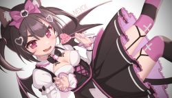 Rule 34 | 1girl, :d, animal ear fluff, animal ears, black bow, black hair, black skirt, black wings, bow, breasts, candy, cat ears, cat girl, cat tail, cleavage, copyright request, demon wings, fang, food, garter straps, gradient background, grey background, hair bow, hair ornament, heart, heart hair ornament, heart-shaped lollipop, holding, holding candy, holding food, holding lollipop, jigatei (omijin), layered sleeves, lollipop, long sleeves, looking at viewer, medium breasts, nail polish, open mouth, pink bow, pink nails, pleated skirt, puffy short sleeves, puffy sleeves, red eyes, romaji text, shaped lollipop, shirt, short over long sleeves, short sleeves, skirt, smile, solo, striped clothes, striped thighhighs, tail, thick eyebrows, thighhighs, two side up, white background, white shirt, wings