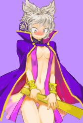 Rule 34 | 1girl, blush, bottomless, breasts, brown hair, cape, center opening, chamaruk, cleavage, covering privates, covering crotch, earmuffs, looking down, navel, no bra, open clothes, open shirt, ritual baton, shirt, short hair, sleeveless, solo, touhou, toyosatomimi no miko