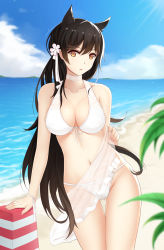 Rule 34 | 1girl, :o, absurdres, animal ears, atago (azur lane), atago (summer march) (azur lane), azur lane, bad id, bad pixiv id, bare arms, bare shoulders, beach, bikini, blue sky, blurry, blush, breasts, brown eyes, brown hair, choker, cleavage, clothes lift, collarbone, cowboy shot, day, depth of field, flower, front-tie bikini top, front-tie top, gluteal fold, groin, hair flower, hair ornament, highres, horizon, lifting own clothes, light rays, long hair, looking at viewer, medium breasts, nail polish, navel, ocean, open mouth, outdoors, pink nails, ribbon, rko (a470350510), sarong, sarong lift, see-through, shore, sky, solo, standing, stomach, sunbeam, sunlight, swimsuit, thigh gap, very long hair, water, white bikini, white choker, white ribbon, wrist ribbon