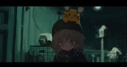 Rule 34 | 1girl, :3, ahoge, animal, animal on head, beret, black headwear, black jacket, blurry, blurry background, blush, brown eyes, ceiling light, closed mouth, creatures (company), crossover, dedenne, expressionless, game freak, gen 6 pokemon, guitar, hat, hatoba tsugu, highres, indoors, instrument, jacket, letterboxed, light brown hair, looking at viewer, mole, mole under eye, nintendo, on head, open mouth, pet carrier, pokemon, pokemon (creature), portrait, reitoubeef, tsugu (vtuber), virtual youtuber