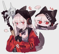 Rule 34 | ..., 1girl, animal ears, arknights, beanie, black hat, chibi, chibi inset, clothes writing, ears through headwear, fox ears, fox girl, fox tail, frostleaf (arknights), grey hair, grey shirt, halberd, hat, headphones, holding, holding polearm, holding weapon, implied extra ears, jacket, long hair, long sleeves, material growth, odmised, oripathy lesion (arknights), polearm, red eyes, red jacket, shirt, solo, spoken ellipsis, tail, weapon