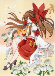 Rule 34 | 1girl, adapted costume, bare shoulders, bow, breasts, brown eyes, brown hair, detached sleeves, flower, from side, full body, hair bow, hakurei reimu, holding, japanese clothes, junpyon0425, large bow, long hair, necktie, no socks, open mouth, red ribbon, red skirt, ribbon, ribbon-trimmed sleeves, ribbon trim, sample watermark, shirt, skirt, sleeveless, sleeveless shirt, small breasts, solo, touhou, traditional media, watermark, white flower, white shirt, wide sleeves, yellow necktie