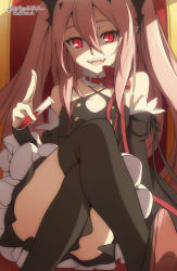 Rule 34 | 10s, 1girl, bare shoulders, black footwear, black thighhighs, boots, detached sleeves, dress, fang, fcc (fengcheche), gradient background, highres, krul tepes, long hair, official style, owari no seraph, pink hair, pointy ears, red eyes, smile, solo, thigh boots, thighhighs, vampire, vial