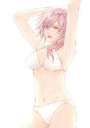 Rule 34 | 1girl, armpits, blue eyes, breasts, closed mouth, final fantasy, final fantasy xiii, lightning farron, lips, long hair, looking at viewer, medium breasts, navel, noie (neunteedelstein), pink hair, simple background, solo, swimsuit, white background