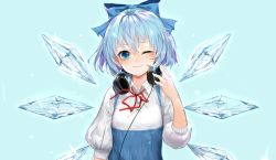 Rule 34 | 1girl, ;), adapted costume, blue background, blue bow, blue dress, blue eyes, blue hair, blush, bow, breasts, cirno, commentary, dress, english commentary, gradient background, hair between eyes, hair bow, hand up, headphones, headphones around neck, ice, ice wings, iouley, light particles, looking at viewer, neck ribbon, one eye closed, puffy short sleeves, puffy sleeves, red ribbon, ribbon, shirt, short hair, short sleeves, simple background, small breasts, smile, solo, sparkle, touhou, upper body, white shirt, wing collar, wings