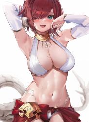 Rule 34 | 1girl, armpits, arms up, au ra, warrior of light (ff14), breasts, cowboy shot, crop top, cyobiro, detached sleeves, final fantasy, final fantasy xiv, green eyes, hair over one eye, harem outfit, highres, horns, jewelry, large breasts, looking at viewer, navel, neck ring, one eye covered, open mouth, panties, red hair, short hair, simple background, skirt, smile, solo, stomach, tail, underwear, white background, white panties, white sleeves