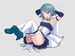 Rule 34 | 10s, 1girl, :3, arm warmers, armband, armpits, arms behind head, belt, blue eyes, blue hair, cape, exercising, fu (oufu), gloves, kyubey, magical girl, mahou shoujo madoka magica, mahou shoujo madoka magica (anime), miki sayaka, open mouth, short hair, sit-up, skirt, thighhighs, white gloves, white thighhighs