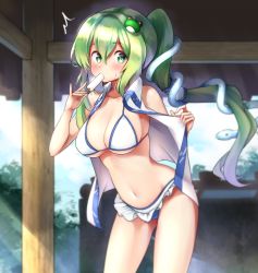 Rule 34 | 1girl, absurdres, alternate hairstyle, bare arms, bare shoulders, bikini, blue sky, blush, breasts, cloud, collarbone, commentary request, cowboy shot, day, food, food in mouth, frills, frog hair ornament, green eyes, green hair, groin, hair between eyes, hair ornament, hand up, highres, holding, holding food, kochiya sanae, kushidama minaka, large breasts, light rays, long hair, looking at viewer, navel, open clothes, open shirt, ponytail, popsicle, shirt, sidelocks, sky, sleeveless, sleeveless shirt, snake hair ornament, solo, standing, stomach, sweat, swimsuit, thighs, touhou, tree, very long hair, white bikini, white shirt, wing collar