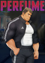 Rule 34 | 1boy, bara, brown hair, bulge, dark-skinned male, dark skin, feet out of frame, from side, highres, jacket, large pectorals, looking ahead, male focus, mature male, mizuki gai, muscular, muscular male, open clothes, open jacket, original, paid reward available, pants, pectorals, sanpaku, short hair, sideburns, solo, standing, thick eyebrows, thick thighs, thighs, track jacket, track pants, tsurime, undercut