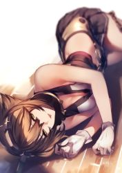 Rule 34 | 10s, 1girl, bare shoulders, black skirt, breasts, brown hair, chain, cleavage, flipped hair, focused, genyaky, gloves, hair between eyes, headgear, kantai collection, lips, looking at viewer, lying, medium breasts, metal belt, midriff, miniskirt, mutsu (kancolle), on side, parted lips, pleated skirt, short hair, skirt, solo, striped clothes, striped skirt, white gloves, wooden floor