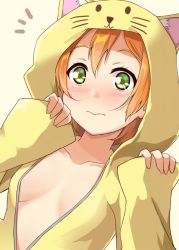 Rule 34 | 10s, 1girl, animal ears, animal hood, blush, breasts, cat ears, cat hood, closed mouth, green eyes, hood, hoodie, hoshizora rin, looking at viewer, love live!, love live! school idol project, no bra, notice lines, open clothes, open hoodie, orange hair, qy73, short hair, simple background, small breasts, solo, unzipped, upper body, wavy mouth, white background