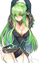 Rule 34 | 1girl, armpits, arms up, blush, breasts, c.c., cleavage, code geass, creayus, green hair, hair in own mouth, large breasts, long hair, looking at viewer, shiny skin, solo, thigh gap, yellow eyes
