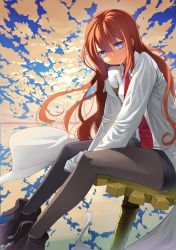 Rule 34 | 1girl, ankle boots, between thighs, black pantyhose, blue eyes, blush, boots, brown hair, cloud, fkey, frown, gears, highres, lab coat, pantyhose under shorts, long hair, looking at viewer, makise kurisu, necktie, pantyhose, red necktie, reflection, short hair, shorts, sitting, sky, solo, steins;gate, thighs, v arms