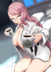 Rule 34 | 1girl, belt, blush, breasts, chaldea uniform, cleavage, coffee, coffee mug, collarbone, cup, endou (zettai bluenoid), fate/grand order, fate (series), glasses, highres, koyanskaya (fate), large breasts, long hair, long sleeves, looking at viewer, mug, naked shirt, on bed, open clothes, open shirt, pillow, pink hair, shirt, sitting, smile, solo, steam, swept bangs, tamamo (fate), thighs, white shirt, yellow eyes