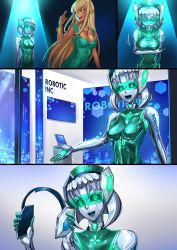 Rule 34 | 2girls, :d, absurdres, android, beckoning, black sclera, blonde hair, bowing, bracelet, choker, closed eyes, colored sclera, commentary, commission, dark-skinned female, dark skin, dress, english commentary, glowing, glowing eyes, green dress, green eyes, headgear, highres, holding, hououji fuu, ibenz009, jewelry, long hair, looking at viewer, magic knight rayearth, mechanization, medium hair, metal skin, multiple girls, necklace, open mouth, presenting, red eyes, shiny skin, smile, visor