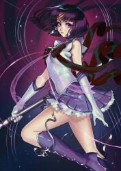 Rule 34 | 1girl, bishoujo senshi sailor moon, black bow, boots, bow, earrings, elbow gloves, foot out of frame, gloves, high heel boots, high heels, highres, holding, holding staff, jewelry, looking at viewer, oskar vega, pleated skirt, purple background, purple eyes, purple footwear, purple hair, purple skirt, sailor saturn, sailor senshi uniform, school uniform, serafuku, shirt, short hair, skirt, solo, staff, tiara, tomoe hotaru, white gloves, white shirt