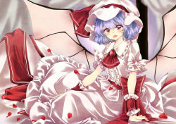 Rule 34 | 1girl, arm support, bat wings, blue hair, blush, commentary request, dress, fang, frilled shirt collar, frills, hat, hat ribbon, looking at viewer, meji aniki, mob cap, open mouth, partial commentary, petals, puffy short sleeves, puffy sleeves, red eyes, red ribbon, red sash, remilia scarlet, ribbon, rose petals, sash, short hair, short sleeves, sitting, solo, touhou, white dress, white hat, wings, wrist cuffs