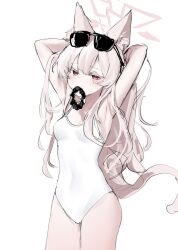 Rule 34 | 1girl, akira (blue archive), animal ear fluff, animal ears, arms behind head, arms up, blue archive, blush, breasts, colored eyelashes, danbal, eyewear on head, hair tie in mouth, halo, highres, long hair, looking at viewer, mouth hold, one-piece swimsuit, pink hair, red eyes, scrunchie, simple background, small breasts, solo, sunglasses, swimsuit, tail, very long hair, white background, white one-piece swimsuit, white swimsuit