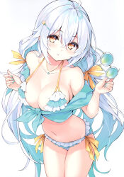 Rule 34 | 1girl, absurdres, bare shoulders, bikini, breasts, cleavage, collarbone, cu-no, fingernails, frilled bikini, frills, hand up, highres, hisen kaede, holding, jewelry, layered bikini, long hair, looking at viewer, medium breasts, nail polish, navel, necklace, off shoulder, rapua qive, scan, simple background, solo, stomach, sunglasses, swimsuit, thighs, white background, white hair, yellow eyes