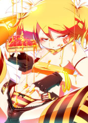 Rule 34 | 1girl, blonde hair, fingerless gloves, food, gloves, honey, kagamine rin, nananana nanana, navel, panties, red eyes, short hair, solo, striped clothes, striped thighhighs, syrup, thighhighs, underwear, vocaloid