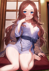 Rule 34 | 1girl, absurdres, areola slip, blue eyes, blue kimono, blush, breasts, brown hair, brown kimono, fate/grand order, fate (series), forehead, highres, japanese clothes, kimono, layered clothes, layered kimono, leonardo da vinci (fate), leonardo da vinci (fate/grand order), leonardo da vinci (rider) (fate), long hair, long sleeves, looking at viewer, m-da s-tarou, off shoulder, open clothes, open mouth, parted bangs, small breasts, smile, solo, thighs, yukata