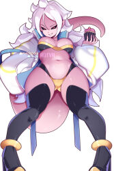 Rule 34 | 1girl, android 21, bikini, black bikini, black sclera, black thighhighs, boots, breasts, cake, cleavage, colored sclera, colored skin, commentary, dragon ball, dragon ball fighterz, english commentary, food, high heel boots, high heels, highres, holding, holding cake, holding food, hot vr, jacket, large breasts, looking at viewer, majin android 21, patreon username, pink skin, red eyes, simple background, smile, solo, standing, swimsuit, tail, thigh boots, thighhighs, thighs, two-tone bikini, white background, white jacket, yellow bikini