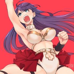 Rule 34 | 1girl, arm up, armpits, artist name, bad id, bad twitter id, bikini, blue eyes, breasts, cleavage, clenched hand, clothing cutout, commentary, earrings, fate/grand order, fate (series), frown, jewelry, kari okome, large breasts, long hair, looking up, martha (fate), martha (swimsuit ruler) (fate), navel, navel cutout, open mouth, pulling own clothes, punching, purple hair, red background, red skirt, signature, simple background, skirt, solo, sparkle, spread legs, standing, sweatdrop, swimsuit, thigh strap, uppercut, v-shaped eyebrows, water drop, white bikini, wristband