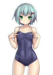 Rule 34 | 1girl, bare shoulders, blush, casual one-piece swimsuit, covered navel, cowboy shot, gluteal fold, green eyes, green hair, hair ornament, hairclip, matching hair/eyes, one-piece swimsuit, original, short hair, simple background, solo, swimsuit, taut clothes, taut swimsuit, tsukumiya amane, white background, wide hips