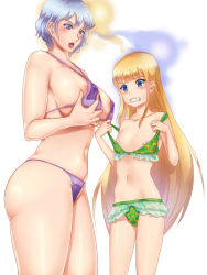 Rule 34 | 2girls, age difference, animal print, areola slip, bad id, bad pixiv id, bear print, bikini, bikini top lift, blonde hair, blue eyes, blush, breast conscious, breast envy, breasts, clenched teeth, clothes lift, covered erect nipples, grabbing own breast, green bikini, height difference, highres, large breasts, long hair, multiple girls, navel, nipples, open mouth, personality switch, purple bikini, purple eyes, riichi (rouchi), short hair, silver hair, simple background, small breasts, sweatdrop, swimsuit, teeth, underwear switch, very long hair, white background