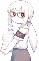 Rule 34 | 1girl, animal, armband, bachera, bird, black eyes, blush, carrying, closed mouth, collared shirt, duck, glasses, highres, long hair, looking at viewer, looking to the side, low ponytail, monochrome, original, paper stack, ponytail, red pupils, safety pin, shirt, short sleeves, sidelocks, simple background, skirt, solo, spot color, translation request, very long hair, white background