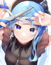 Rule 34 | 1girl, arms up, asymmetrical hair, beret, between fingers, black shirt, blue eyes, blue hair, bow, closed mouth, commentary request, cutting hair, cutting own hair, earrings, frills, hat, hat bow, highres, holding, holding own hair, holding scissors, hololive, hoshimachi suisei, jewelry, long hair, looking at viewer, plaid, plaid bow, scissors, shinomiya shino (sinosino141), shirt, short sleeves, simple background, smile, solo, star (symbol), star in eye, symbol in eye, upper body, virtual youtuber, white background