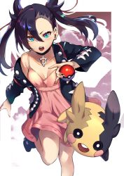 Rule 34 | 1girl, :o, aqua eyes, asymmetrical bangs, black choker, black eyes, black hair, black jacket, black nails, blush, breasts, choker, cleavage, collarbone, creatures (company), dress, earrings, game freak, gen 8 pokemon, hair between eyes, hair ribbon, holding, holding poke ball, jacket, jewelry, leg up, long hair, long sleeves, looking at viewer, marnie (pokemon), morpeko, morpeko (full), nail polish, nintendo, open clothes, open jacket, open mouth, pink dress, poke ball, poke ball (basic), pokemon, pokemon (creature), pokemon swsh, red ribbon, ribbon, round teeth, running, shimotsuki shio, single bare shoulder, small breasts, teeth, twintails, upper teeth only, v-shaped eyebrows