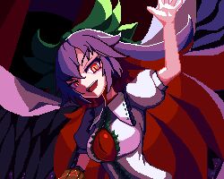 Rule 34 | 1girl, arm cannon, black hair, black wings, breasts, brodall pixel, capelet, collared shirt, extra eyes, feathered wings, green ribbon, hair ribbon, large breasts, multicolored hair, orange eyes, pixel art, red hair, reiuji utsuho, ribbon, shirt, solo, third eye, third eye on chest, touhou, two-tone hair, upper body, weapon, white capelet, white shirt, wings