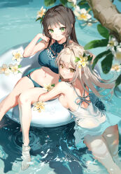 Rule 34 | 2girls, absurdres, afloat, anmi, ass, back, bare legs, bare shoulders, barefoot, bikini, black hair, blonde hair, blue bikini, blush, breasts, brown eyes, closed mouth, day, dress, flower, from above, green eyes, hair flower, hair ornament, half updo, highres, innertube, long hair, looking at viewer, looking up, medium breasts, multiple girls, navel, open mouth, original, outdoors, partially submerged, shoulder blades, sideboob, smile, swim ring, swimsuit, water, white dress
