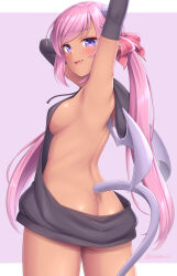 Rule 34 | 1girl, :d, arm up, ass, back, backless outfit, blush, breasts, butt crack, cowboy shot, demon girl, fang, hair ribbon, highres, horns, long hair, medium breasts, meme attire, open mouth, original, pink hair, pink ribbon, purple background, purple eyes, ribbon, sasaame, sideboob, smile, solo, succubus (sasaame), tail, twintails, twitter username, virgin killer sweater, wings