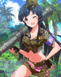 Rule 34 | 10s, 1girl, ;d, artist request, belt, blue hair, breasts, brown eyes, camouflage, cleavage, cloud, crop top, day, female soldier, fingerless gloves, garrison cap, gloves, hand on own hip, hat, idolmaster, idolmaster million live!, kitakami reika, lens flare, long hair, looking at viewer, medium breasts, midriff, military, military uniform, navel, official art, one eye closed, open mouth, palm tree, rocket launcher, skirt, sky, smile, solo, tree, twintails, uniform, weapon, wink