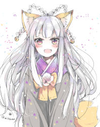 Rule 34 | 1girl, :d, animal ear fluff, animal ears, bell, blush, bow, braid, braided hair rings, fang, flower, fox ears, fox girl, fox tail, grey kimono, hair bell, hair ornament, hair rings, highres, japanese clothes, jingle bell, kimono, long hair, looking at viewer, mito (go!go!king!), open mouth, original, red eyes, short eyebrows, sidelocks, silver hair, smile, solo, tail, thick eyebrows, translation request, twin braids, twitter username, upper body, very long hair, white background, white flower, yellow bow
