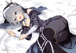 Rule 34 | 1girl, :d, absurdres, bed sheet, black dress, black headwear, blue eyes, breasts, cleavage, date a live, detached collar, dress, grey hair, hair between eyes, highres, honjou nia, looking at viewer, lying, megami magazine, nun, official art, on side, open mouth, panties, see-through, small breasts, smile, solo, thighhighs, underwear