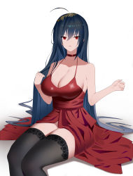 Rule 34 | 1girl, absurdres, artist request, azur lane, black hair, black thighhighs, breasts, choker, cleavage, cocktail dress, crossed bangs, dress, evening gown, hand in own hair, highres, large breasts, long hair, looking at viewer, red choker, red dress, red eyes, sitting, sleeveless, sleeveless dress, solo, taihou (azur lane), taihou (forbidden feast) (azur lane), thighhighs, very long hair