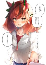 Rule 34 | 1girl, blush, brown eyes, brown hair, collarbone, long hair, long sleeves, multicolored hair, nanahamu, nice nature (umamusume), open mouth, red hair, red shirt, shirt, simple background, solo, speech bubble, translation request, twintails, umamusume, upper body, wavy mouth, white background, white shirt