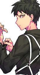 Rule 34 | 1boy, adjusting sleeves, ahoge, alternate costume, black shirt, brown eyes, brown hair, chest harness, closed mouth, collared shirt, commentary request, danganronpa (series), danganronpa 2: goodbye despair, from side, green eyes, grey background, hands up, harness, highres, hinata hajime, long sleeves, looking at viewer, male focus, nail polish, red nails, serious, shirt, short hair, simple background, sin11111, solo, spiked hair, upper body
