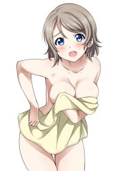 Rule 34 | 10s, 1girl, blue eyes, blush, breasts, brown hair, cleavage, collarbone, covering privates, covering breasts, cowboy shot, leaning forward, legs together, looking at viewer, love live!, love live! sunshine!!, medium breasts, naked towel, nude, nude cover, open mouth, sankuro (agoitei), shiny skin, short hair, simple background, solo, thigh gap, towel, watanabe you, white background, yellow towel