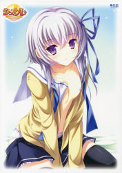 Rule 34 | 1girl, absurdres, clothes lift, clothes pull, collarbone, flat chest, hair ribbon, highres, ibaragi ai, looking at viewer, nipples, no bra, open clothes, open shirt, panties, purple eyes, purple hair, ribbon, school uniform, shirahane nao, shirt, sitting, skirt, skirt lift, skirt pull, sucre, thighhighs, underwear, wariza, white panties