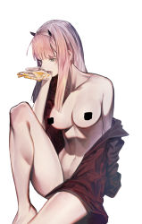 Rule 34 | 10s, 1girl, bad id, bad pixiv id, censored, collarbone, darling in the franxx, gyudong123, hairband, highres, horns, licking, long hair, navel, nude, off shoulder, oni horns, pink hair, simple background, sitting, solo, white background, zero two (darling in the franxx)