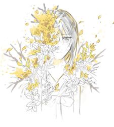 Rule 34 | 1girl, branch, dongbaek (project moon), e.g.o (project moon), falling petals, flower, grey eyes, grey hair, korean clothes, leaf, limbus company, looking at viewer, nisi (n1si), petals, project moon, simple background, smile, solo, upper body, white background, white flower, yellow flower