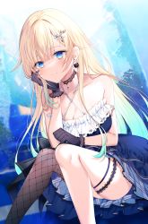 Rule 34 | 1girl, aizawa ema, bare shoulders, black gloves, blonde hair, blue dress, blue eyes, blue hair, blunt bangs, breasts, brown thighhighs, cleavage, closed mouth, collarbone, commentary request, criss-cross halter, dress, earrings, feet out of frame, fishnet thighhighs, fishnets, flower, gloves, gradient hair, hair flower, hair ornament, halterneck, hand up, highres, jewelry, knees together feet apart, long hair, looking at viewer, medium breasts, multicolored hair, myusha, single thighhigh, smile, solo, thighhighs, virtual youtuber, vspo!, white flower