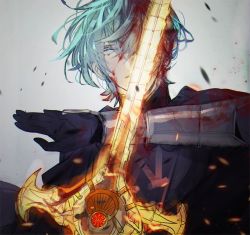 Rule 34 | 1boy, armor, black gloves, blood, blue eyes, byleth (fire emblem), byleth (male) (fire emblem), cape, fire emblem, fire emblem: three houses, gloves, green hair, heroes relic (fire emblem), highres, holding, holding weapon, looking at viewer, nintendo, portrait, short hair, simple background, solo, sword, sword of the creator, tsukimura noe, upper body, weapon