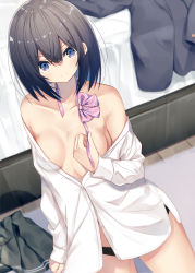 Rule 34 | 1girl, bed, black eyes, black hair, black jacket, black panties, black skirt, blazer, blurry, blurry background, bowtie, breasts, closed mouth, collared shirt, commentary request, depth of field, dress shirt, hair between eyes, highres, indoors, jacket, kavka, long sleeves, off shoulder, original, panties, pink neckwear, pleated skirt, shirt, skirt, sleeves past wrists, small breasts, solo, underwear, undone bowtie, unworn blazer, unworn skirt, white shirt