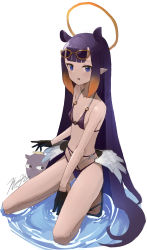Rule 34 | 1girl, 1other, ao-chan (ninomae ina&#039;nis), bikini, black gloves, blue eyes, blunt bangs, eyewear on head, flat chest, full body, gloves, gradient hair, halo, highres, hololive, hololive english, long hair, looking at viewer, low wings, mole, mole under eye, multicolored hair, ninomae ina&#039;nis, orange hair, partially submerged, pointy ears, punished pigeon, purple hair, sandals, sidelocks, simple background, solo focus, swimsuit, tentacle hair, tentacles, very long hair, virtual youtuber, white background, wings